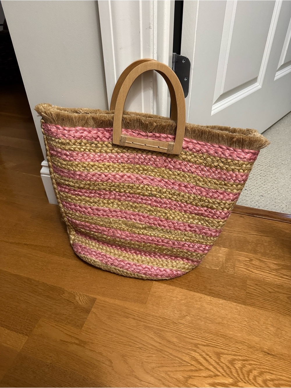Woven Straw Tote Bag with Pink Stripes